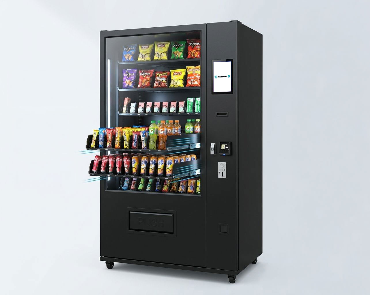KI-gesteuerter SmartKiosk24 Späti-Automat mit neonblauem LED-Rahmen